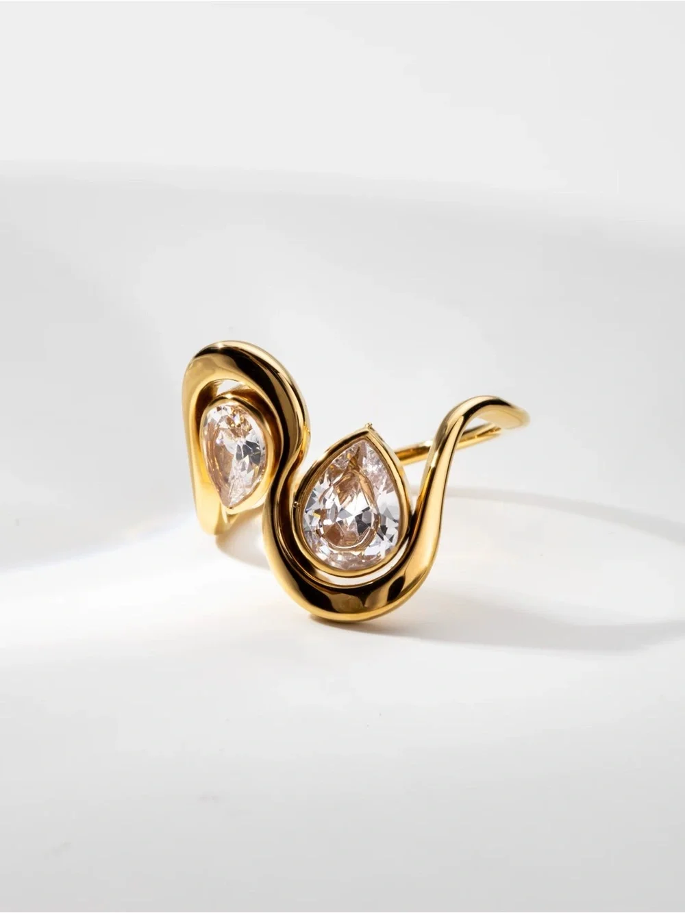 18K Gold Plated Open Ring, Dual Pear-Cut CZ Stones, Waterproof Stainless Steel